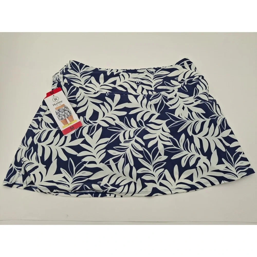 Hurley Womens Swim Skort UPF 50+ Navy White Tropical Leaf Print Size Medium NWT